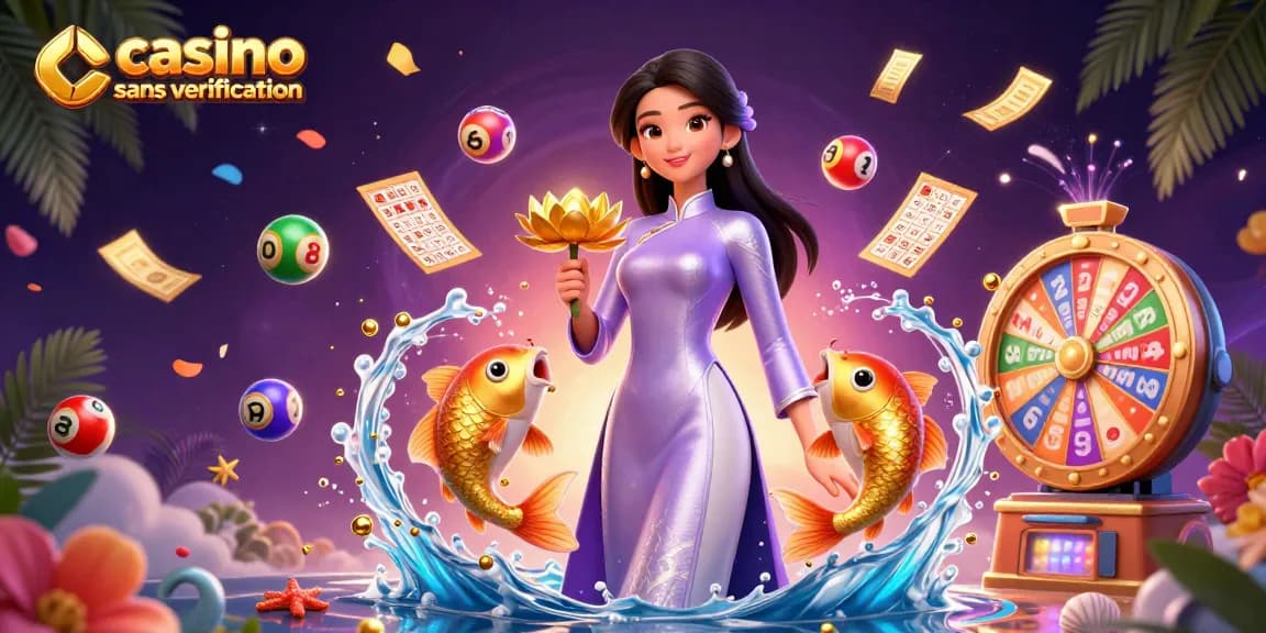 Découvrez une excitation vibrante au casino en ligne sans vérification avec une illustration 3D dynamique mettant en avant des carpes koi dorées et des jeux de chance.