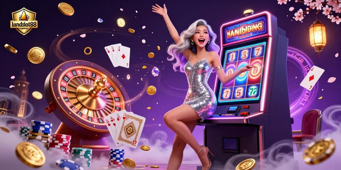 Landslot88 casino showcases an Asian woman celebrating a jackpot with vibrant casino elements in a luxurious setting.