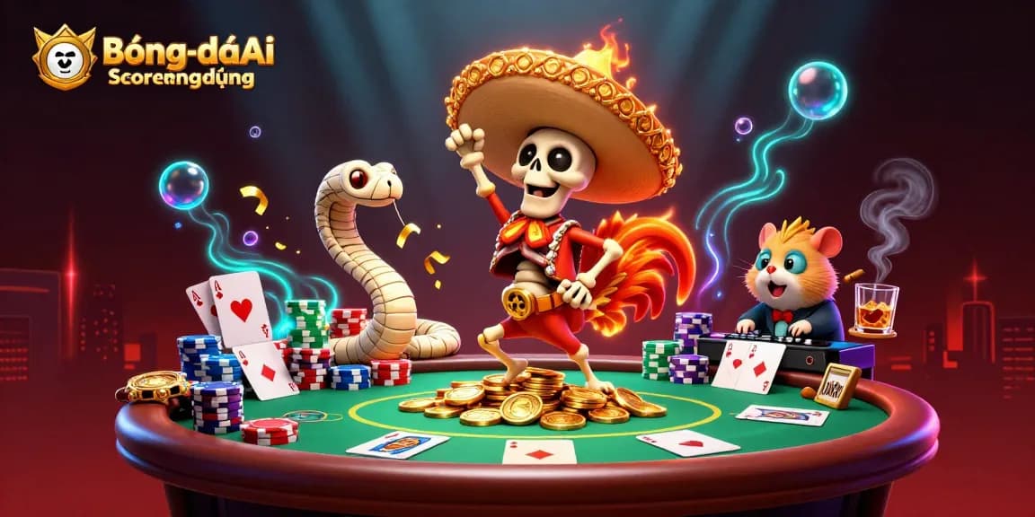 BóngđáAiScoreứngdụng brings excitement with a vibrant 3D fantasy casino scene featuring lively characters and poker elements.