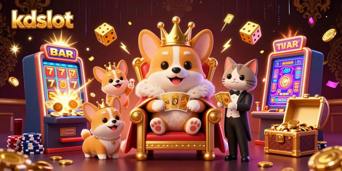 Experience excitement at kdslot with corgis and dazzling casino elements in a vibrant 3D illustration.