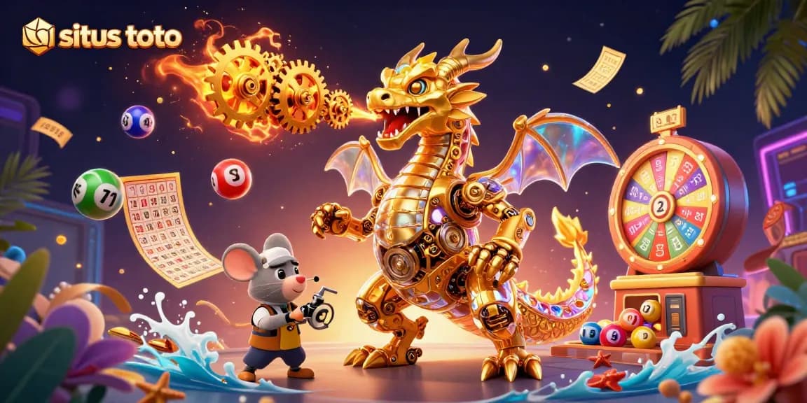 Engage with situs toto lottery balls in a vibrant 3D casino scene featuring a golden dragon.