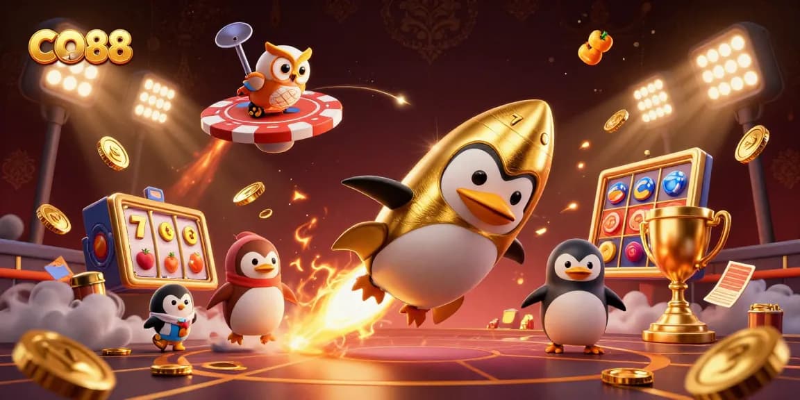 Experience thrilling gameplay at CO88 with a golden penguin racing to a casino poker chip station.