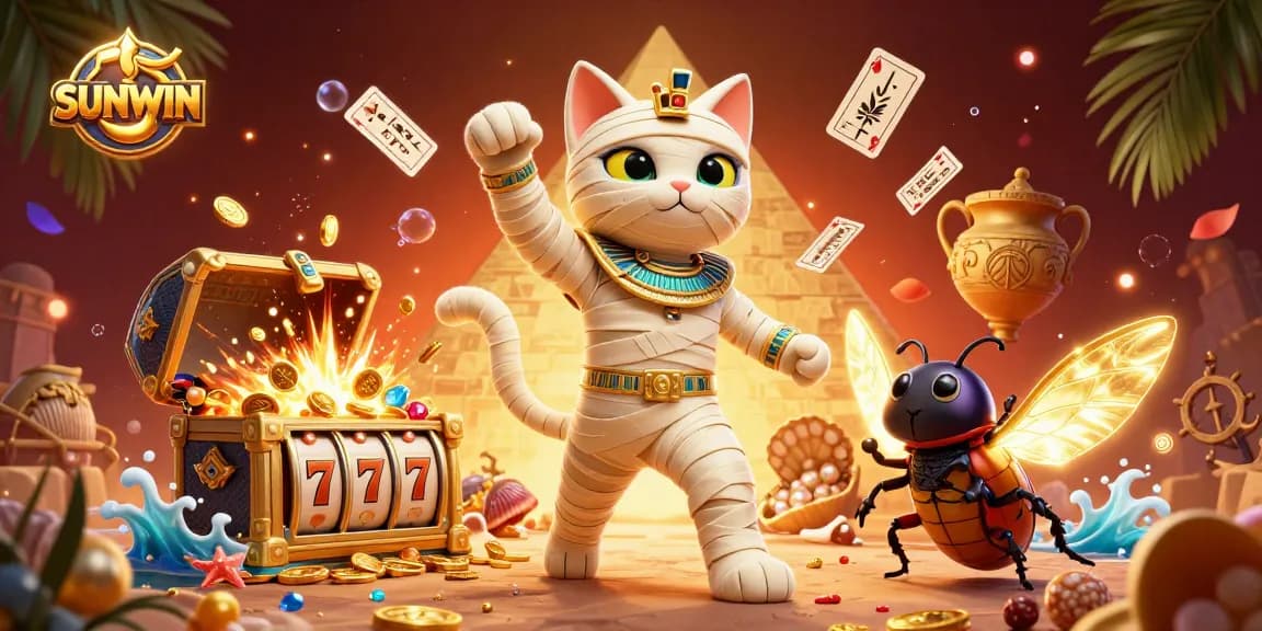 SUNWIN promotes exhilarating gaming with a 3D cartoon mummy cat and golden treasures in a dynamic casino scene.