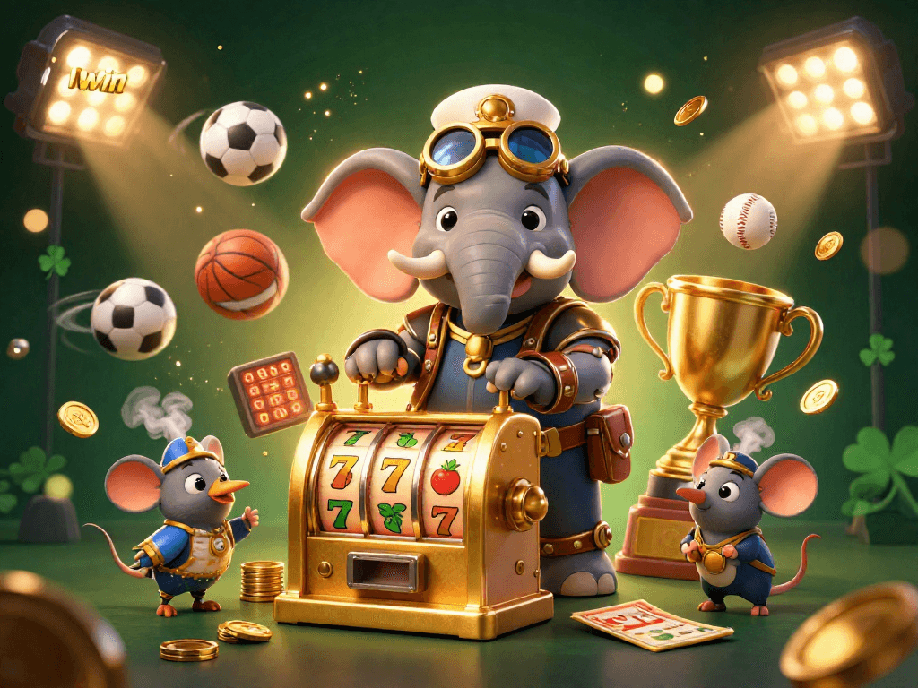 Iwin showcases a thrilling slots scene with a steampunk elephant engineer, vibrant sports elements, and lucky charms.