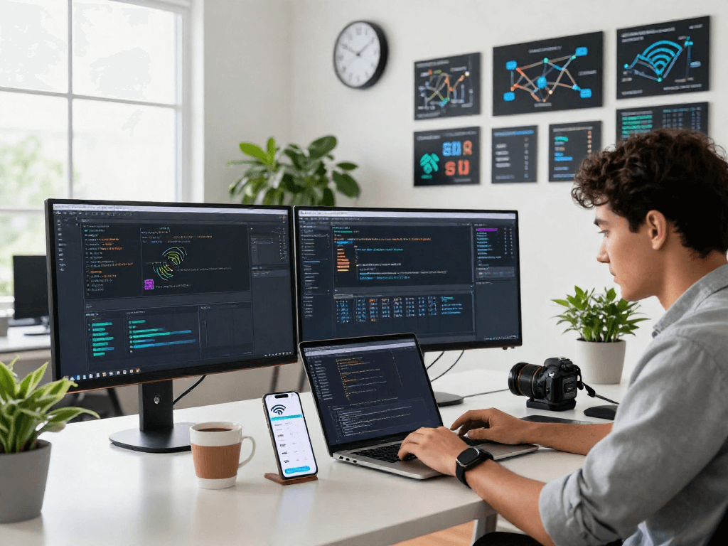 Pengaturan kantor modern dengan profesional muda menggunakan aplikasi wifi4d di laptop, tampilan data koneksi jaringan.