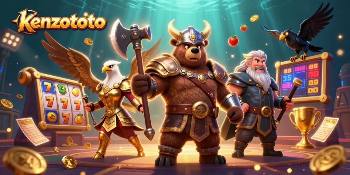 Kenzototo showcases thrilling slot victories with a Viking berserker, Valkyrie eagle, and vibrant game elements.