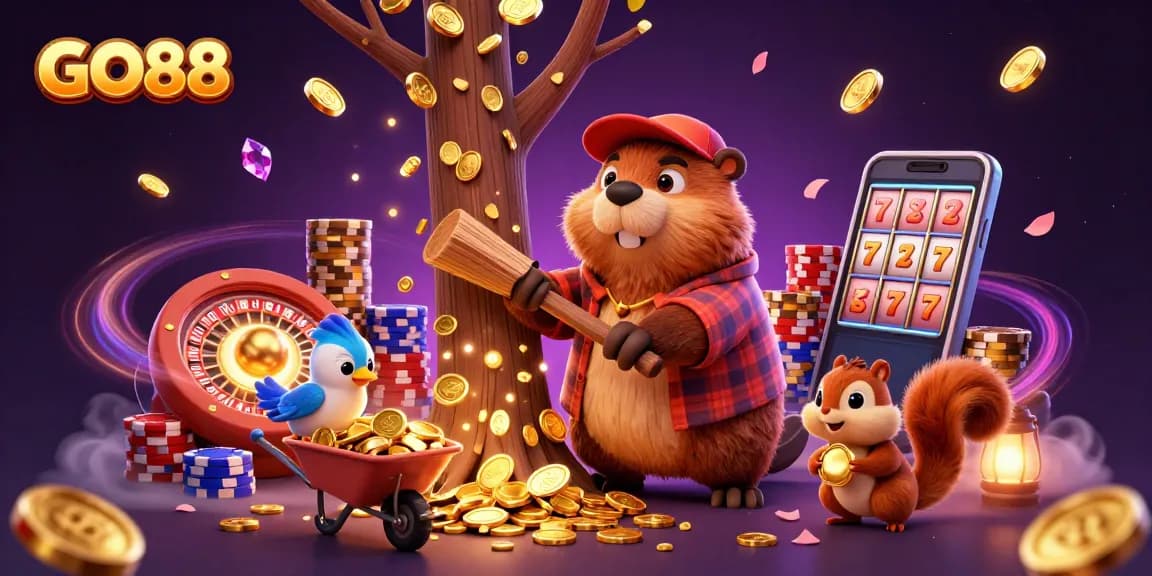Experience the thrill of winning at GO88 with vibrant casino games and animated characters.
