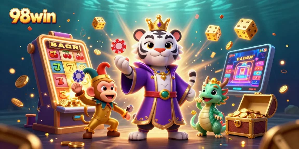 Spin and win at 98win with vibrant 3D casino characters, slot machines, and dynamic gaming elements.