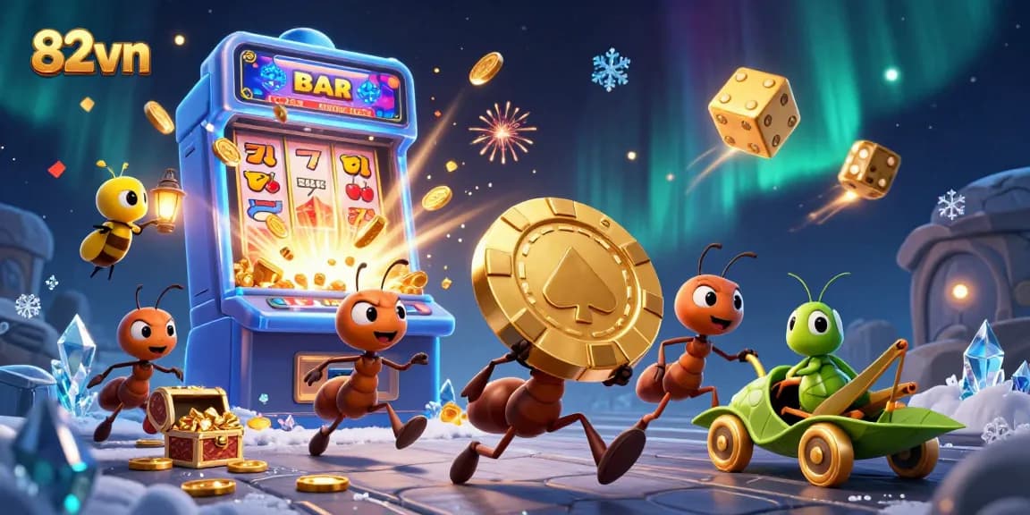 82vn captures excitement with ants pulling a massive poker chip in a vibrant casino illustration.