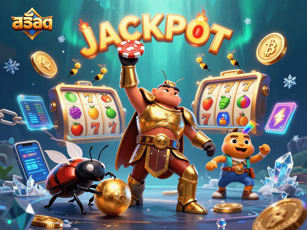 Engage in exciting สล็อต adventures with a victorious beetle and jackpot symbols in this dynamic casino illustration.