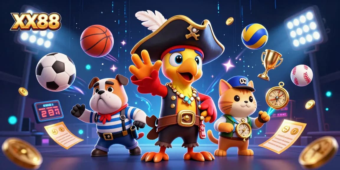 Experience thrilling action with XX88 illustrated as cartoon characters in a vibrant casino scene.