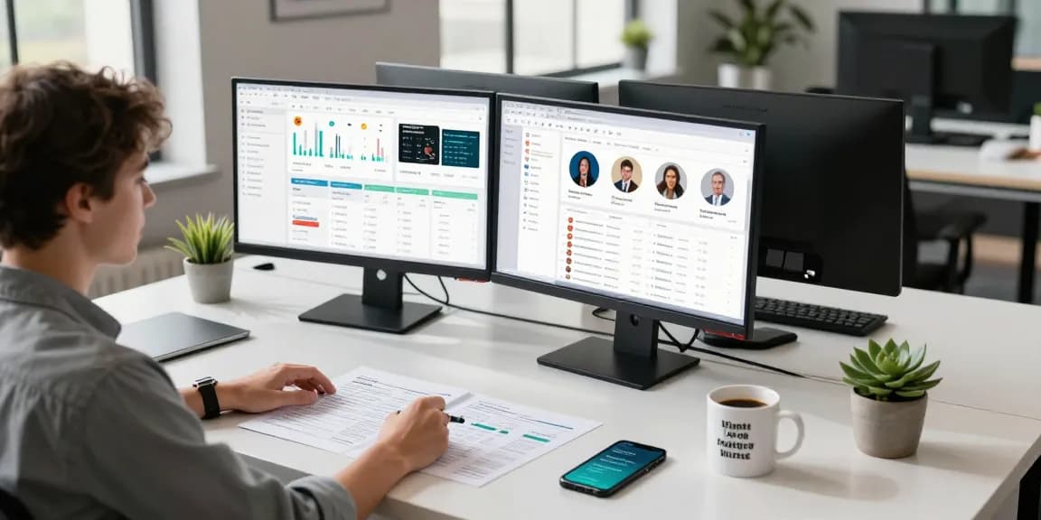 Digital marketing workspace featuring analytics on screens and lively atmosphere with slot content focus.