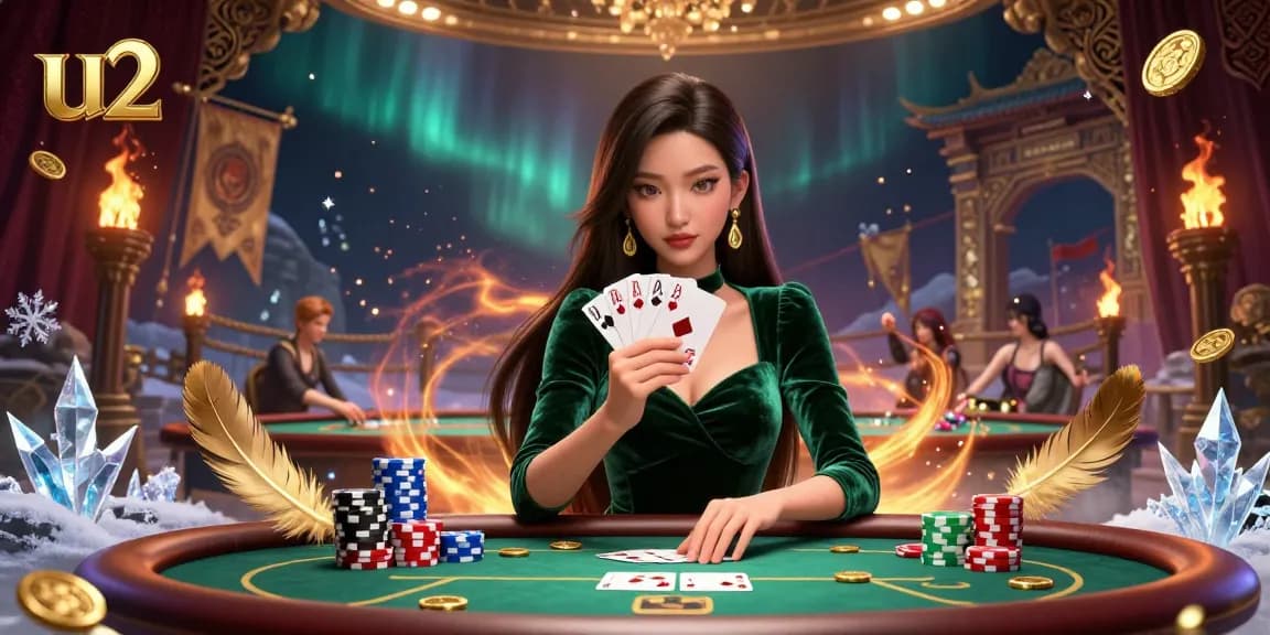 Experience intense moments at u2 Casino with a beautiful Asian woman strategizing her poker hand.