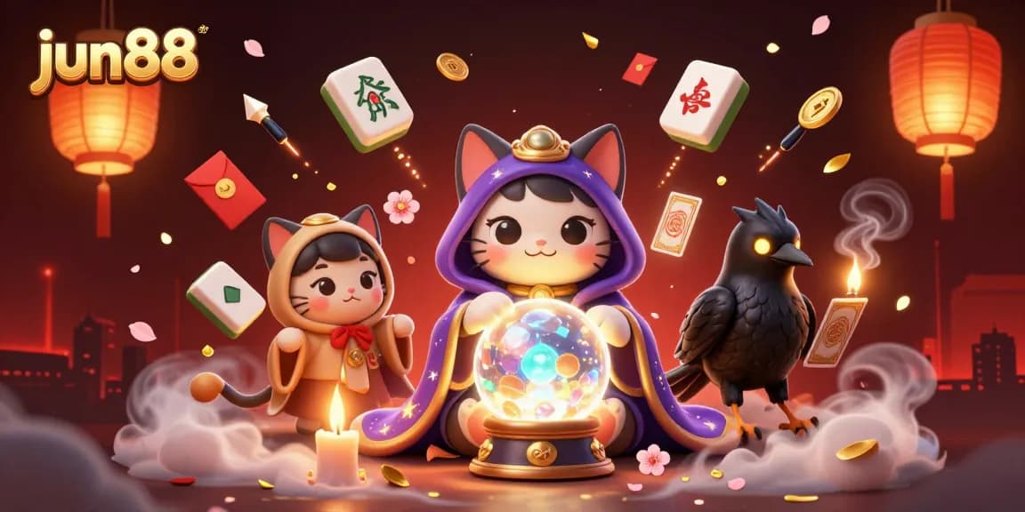 Experience thrilling moments at jun88 with a mystic cat and glowing raven, capturing the excitement of online gambling.