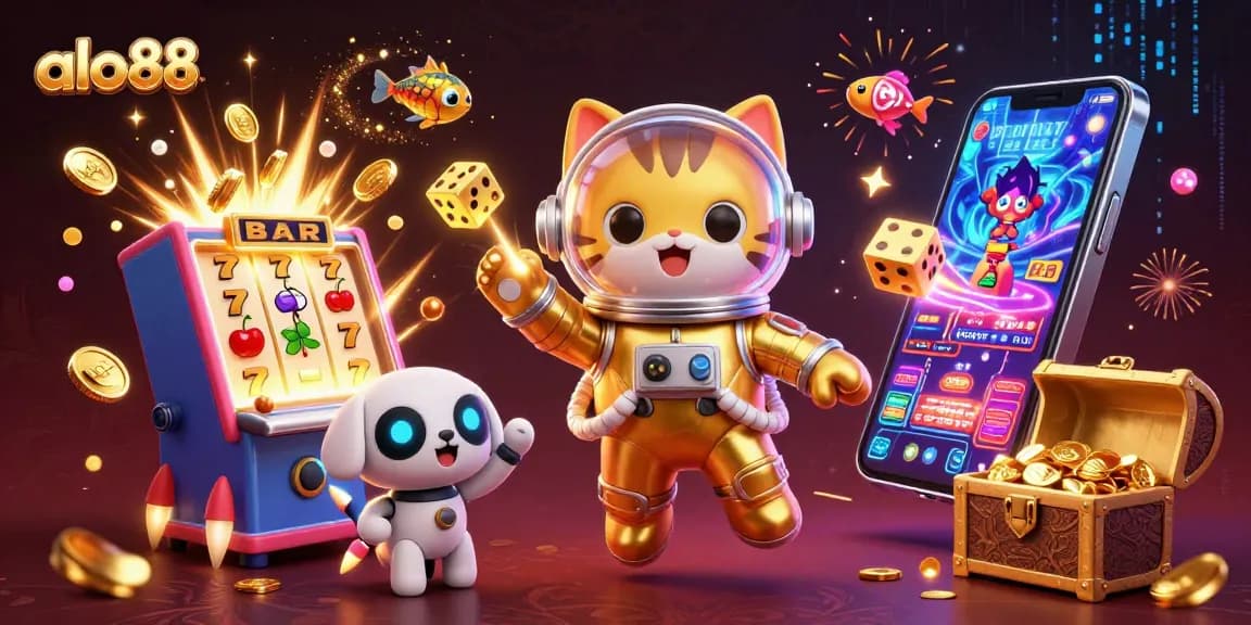 Win big with alo88 at the vibrant casino game lobby filled with golden coins and exciting characters.