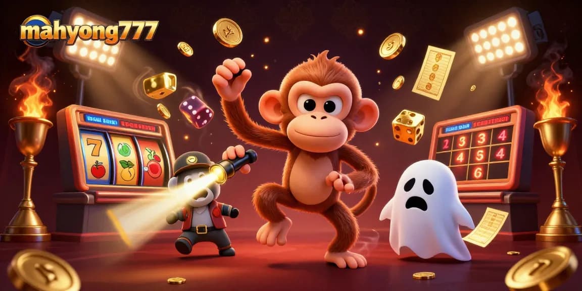 Experience the excitement of mahyong777 with golden coins and dynamic gameplay in this vibrant illustration.
