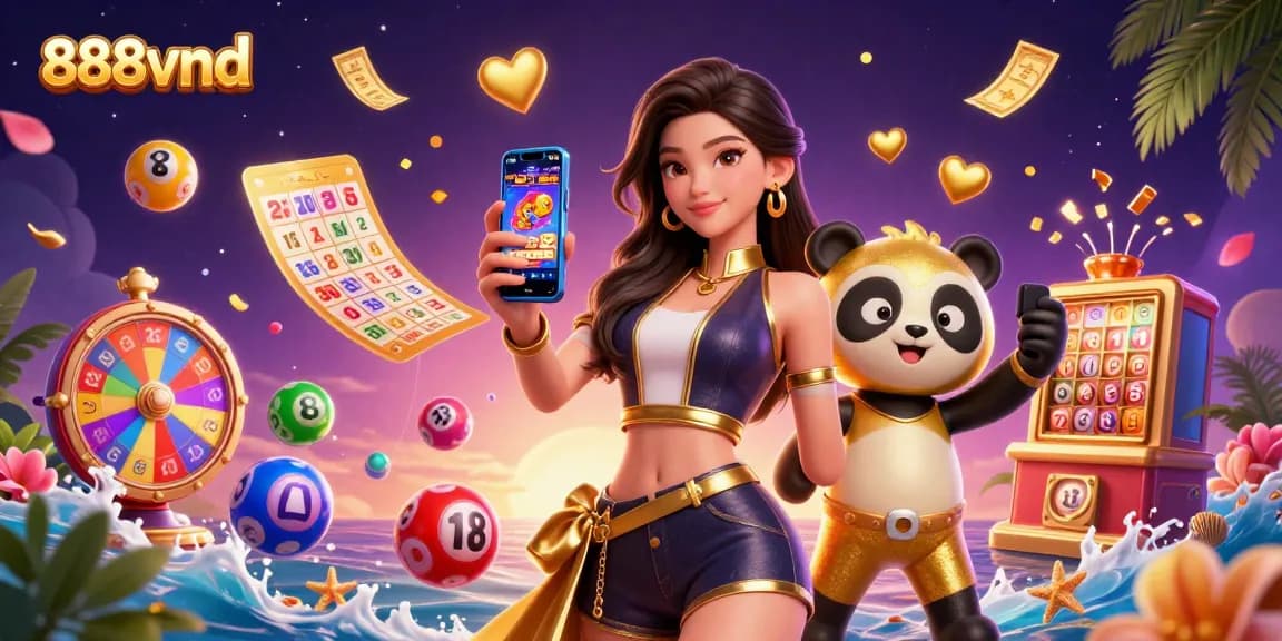Engage with 888vnd's immersive casino experience featuring a stylish Asian woman and a cute panda mascot.