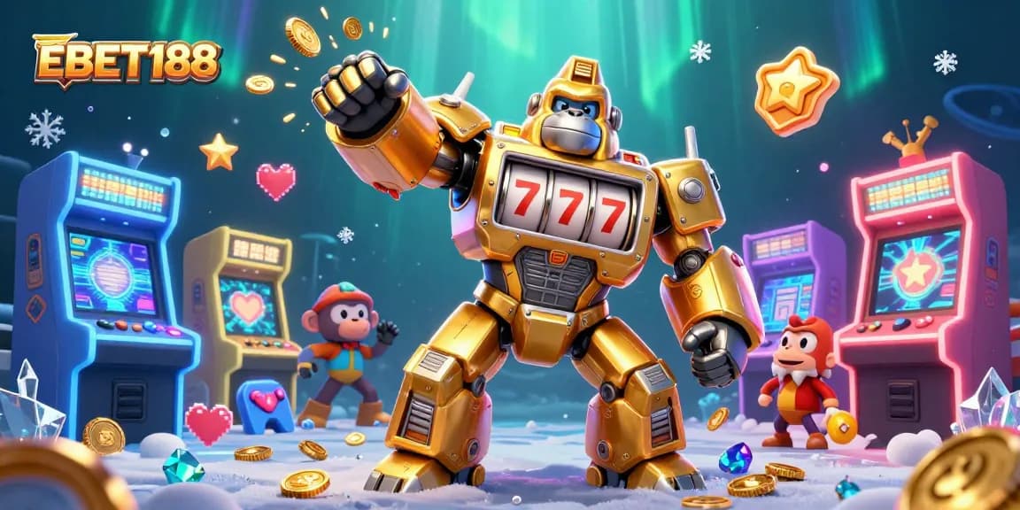 Experience the thrilling gameplay of EBET188 with a dynamic casino-themed illustration featuring slot elements and a vibrant atmosphere.