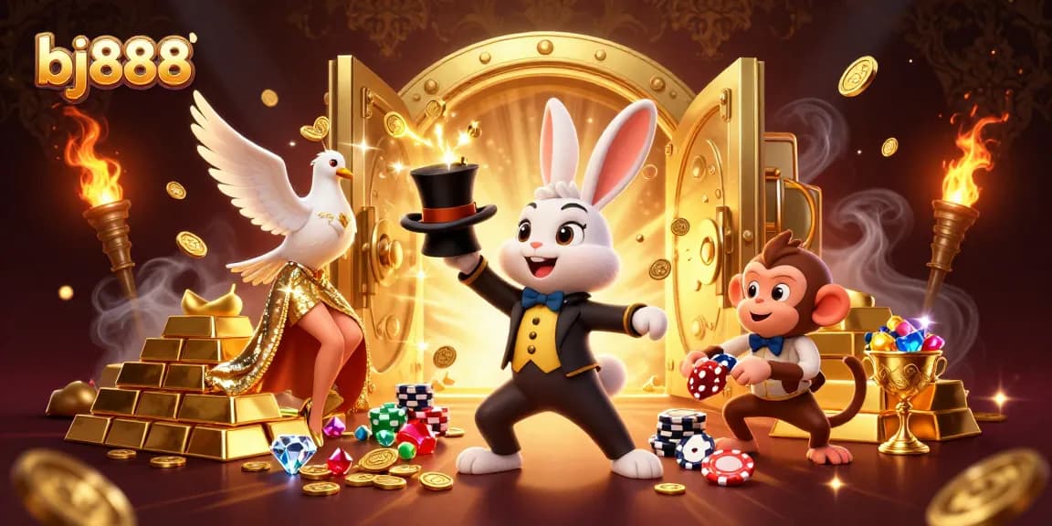Experience the thrill of bj888 as the magician rabbit conjures coins amidst a dazzling casino scene.