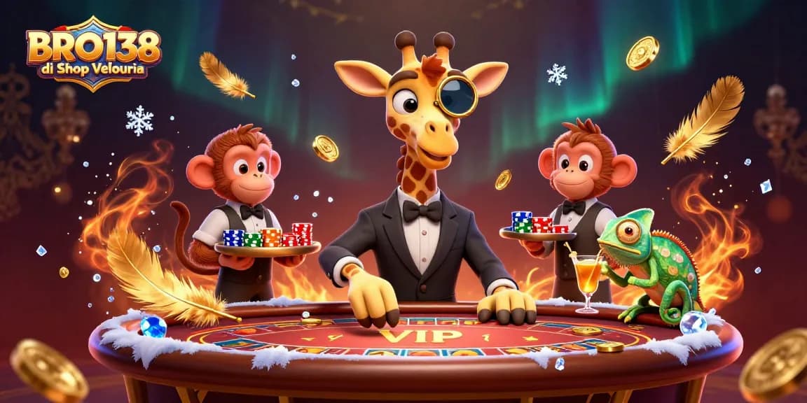 BRO138 di Shop Velouria showcases a high-roller giraffe at a VIP poker table, embodying a thrilling gambling scene.