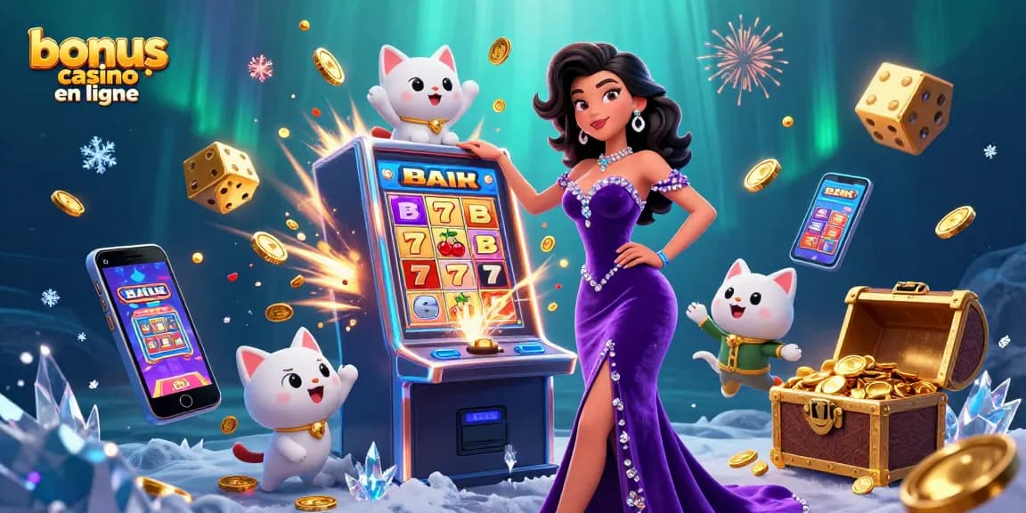 Vivez l'excitation des bonus de casino en ligne alors qu'une femme glamour célèbre sur une machine à sous jackpot.