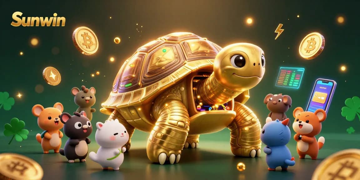 Sunwin players enjoy exciting games featured in a vibrant 3D illustration with a golden tortoise and cryptocurrency elements.