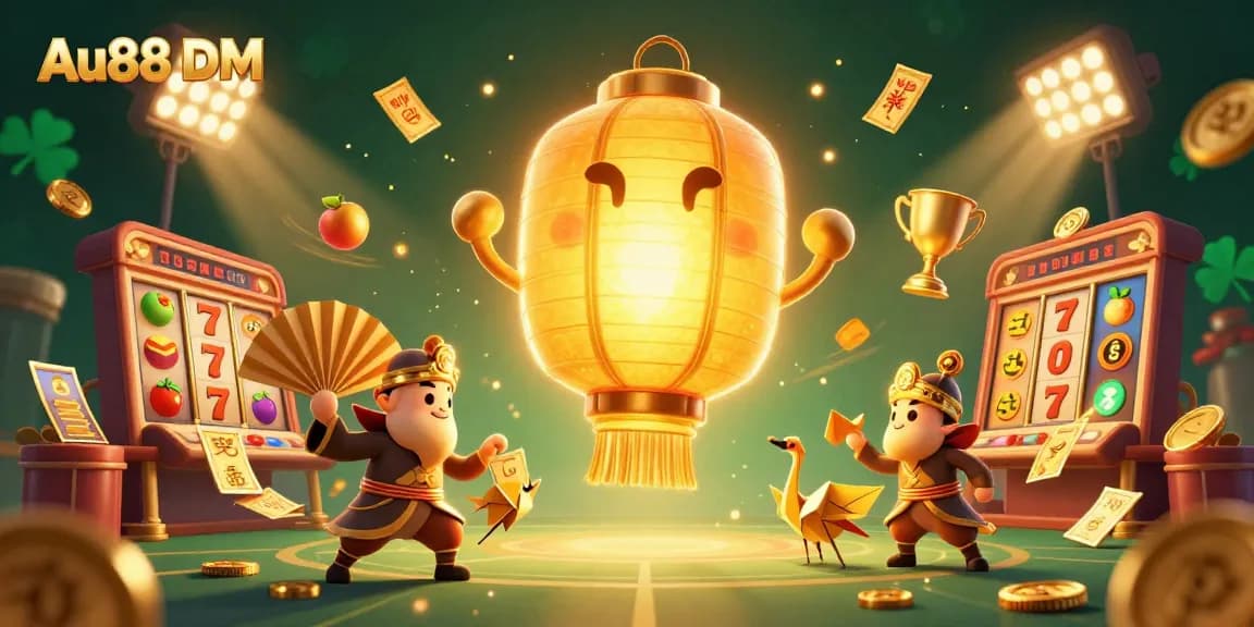Engage in thrilling gaming at Au88 DM with captivating golden lantern creatures amid vibrant slots and jackpot elements.