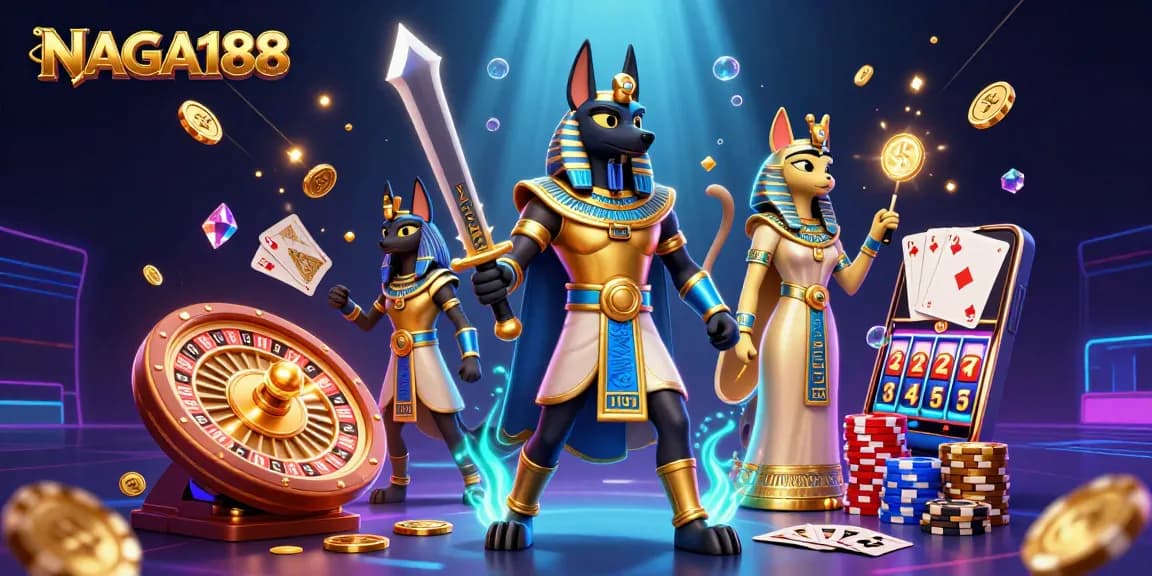 NAGA188 menang besar dengan karakter Anubis dan Bastet dalam dunia kasino yang penuh dengan koin emas dan permainan kartu.