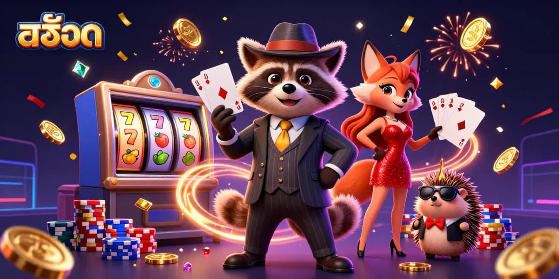ภาพเกมสล็อตที่มีตัวละครน่ารักและเงินทองลอยอยู่รอบตัว พร้อมสัญลักษณ์สล็อตและความตื่นเต้น