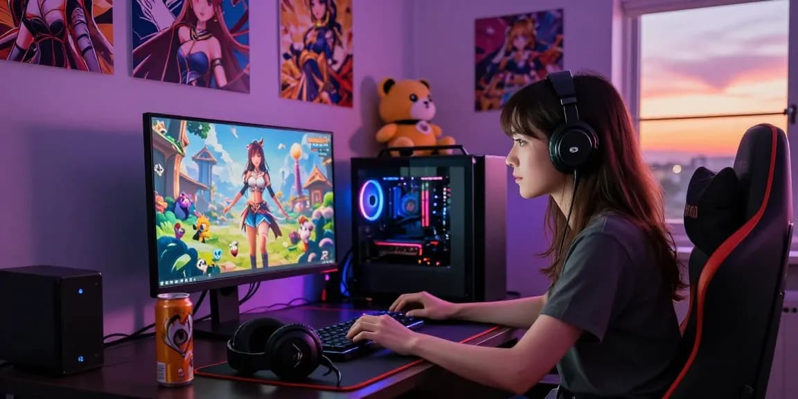 Engaging female gamer experiencing an immersive female hentai game in a vibrant and colorful room.