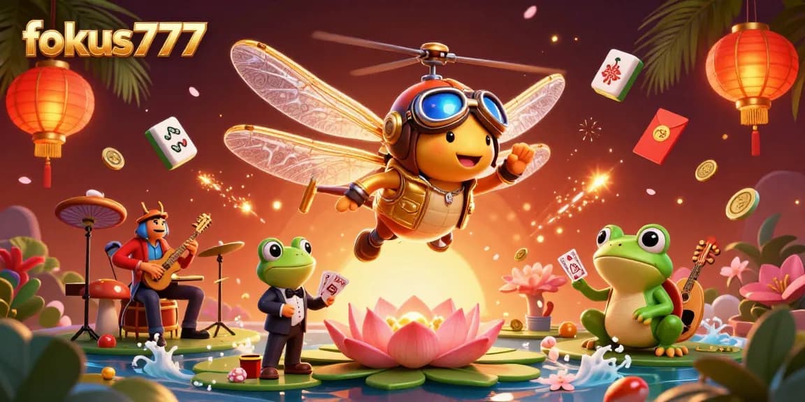 Experience thrilling gameplay with fokus777 featuring a lively 3D dragonfly pilot and frog croupier in a vibrant casino.