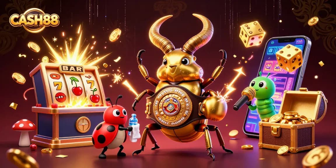 CASH88 jackpot scene with a golden stag beetle, ladybug, and caterpillar, celebrating wins.