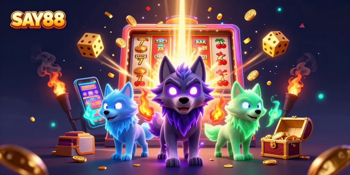SAY88 players engage in exciting casino action amidst vibrant slot machine and gaming elements in an immersive 3D scene.