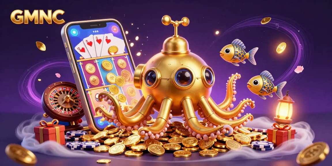Experience vibrant gameplay with GMNC in a captivating 3D scene featuring a golden kraken submarine.