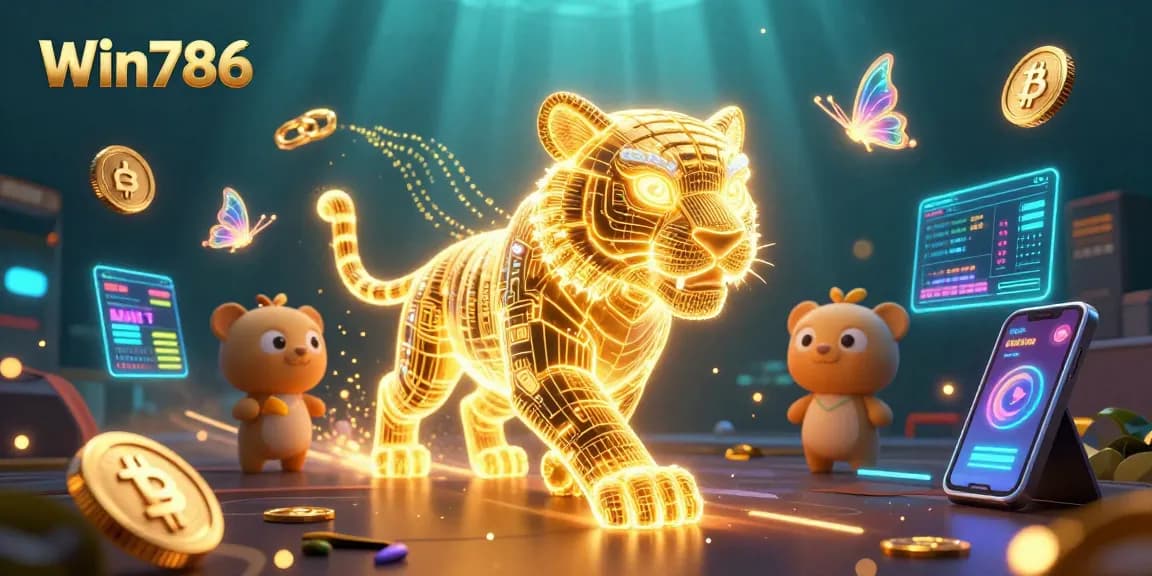 Win786 engages players in a vibrant casino scene with a glowing tiger and blockchain elements.