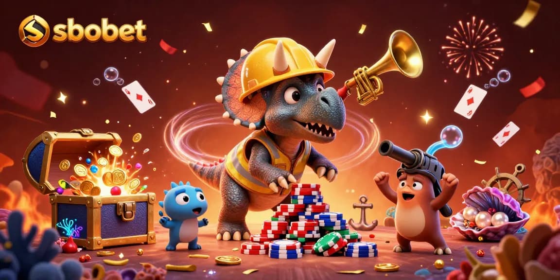Sbobet gaming excitement with a 3D triceratops and friends celebrating a poker chip pyramid.