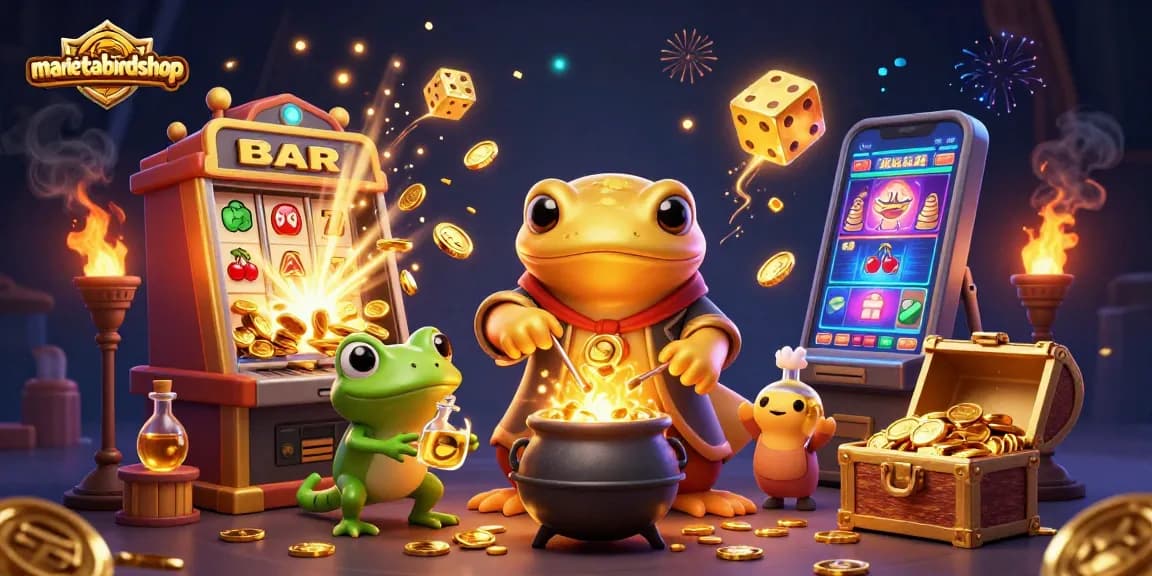 Mariettabirdshop menghadirkan ilustrasi 3D dengan salamander emas alkemis yang penuh dengan koin emas, menciptakan suasana judi yang kaya.