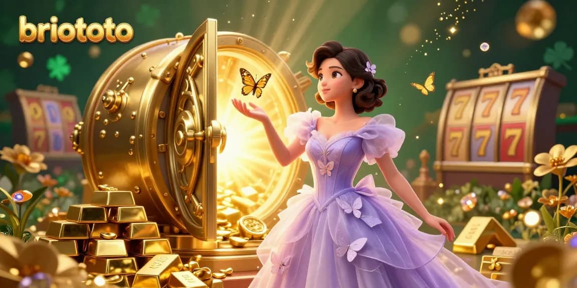 Briototo showcases a stunning 3D casino scene with an Asian woman, golden slot reels, and treasure vaults.