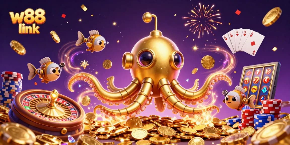 Engage with the w88 link through a vibrant 3D illustration showcasing animated casino elements and golden treasures.