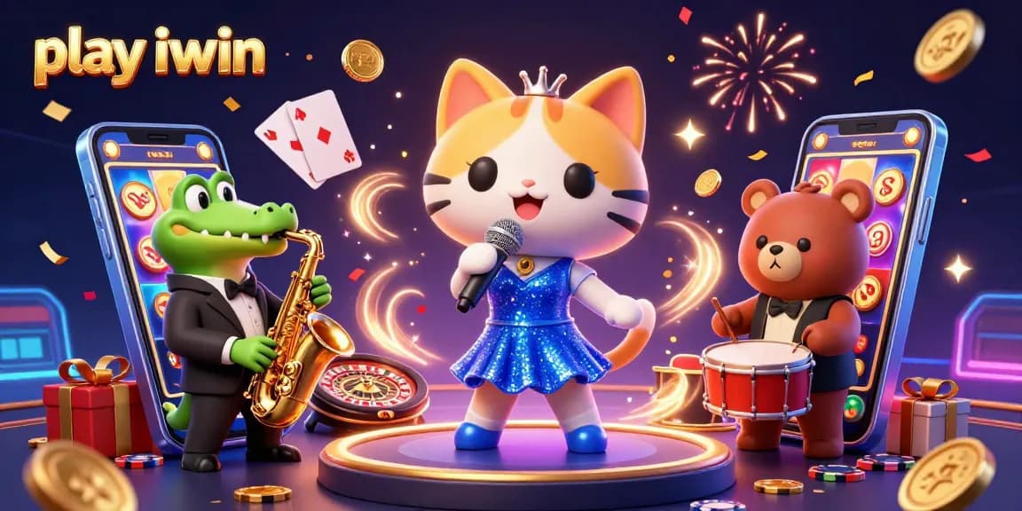 Play iwin with vibrant casino scene featuring animated characters and exciting game elements.