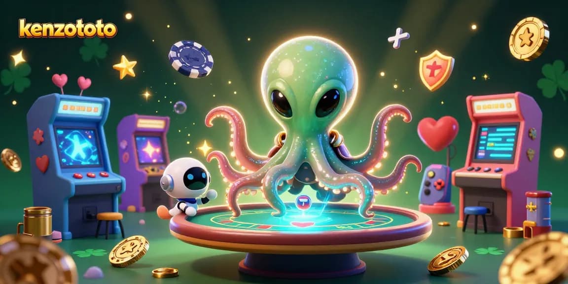 Play kenzototo with an exciting alien octopus at a holographic poker table in a vibrant animated scene.