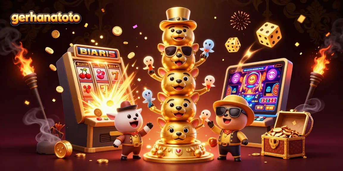 Bermain di gerhanatoto dengan totem keberuntungan, mesin slot, dan banyak hadiah terbang.
