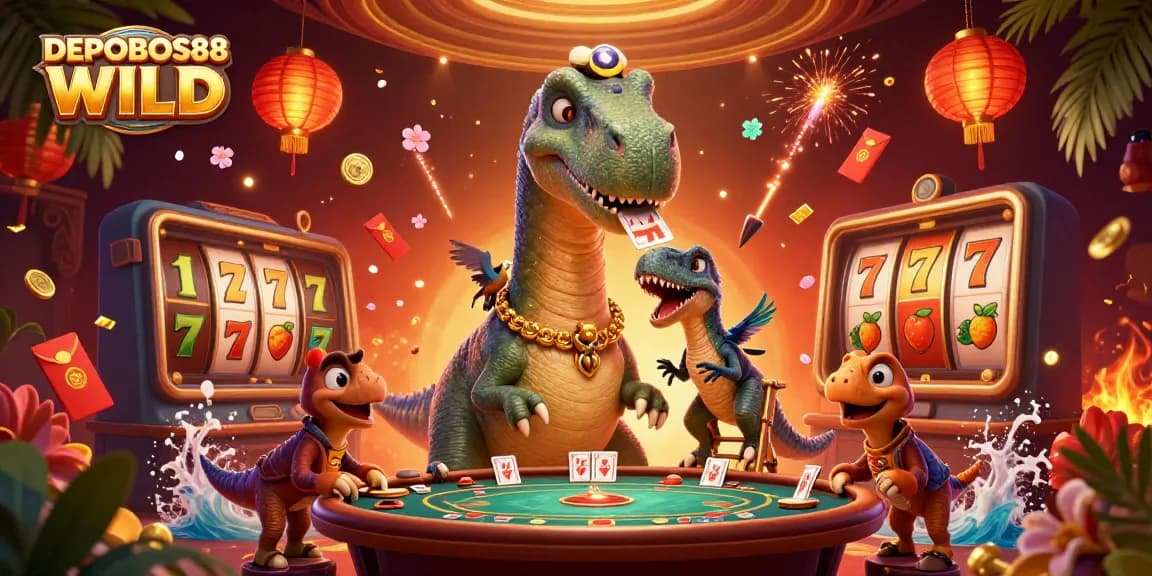 Engage in the fun of DEPOBOS88 WILD at a vibrant casino scene with a giant brontosaurus and exciting slot reels.