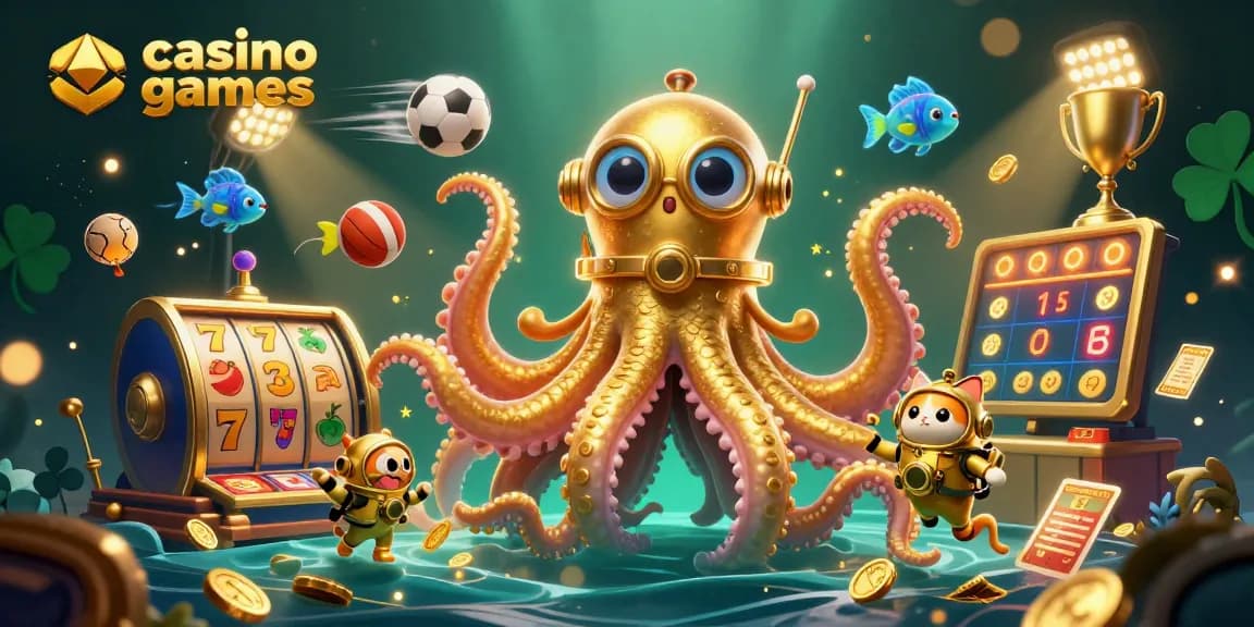 Engage with exciting casino games featuring a kraken and diving cat in a vibrant 3D scene.