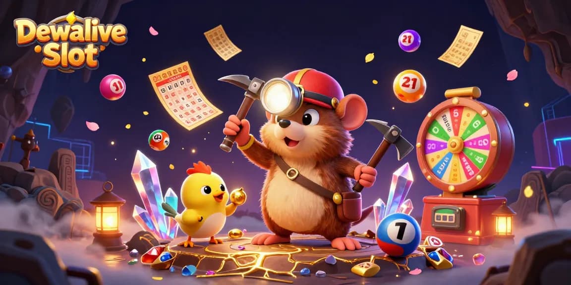 Experience exhilarating gameplay with Dewalive Slot featuring a treasure hunter mole amidst vibrant casino elements.