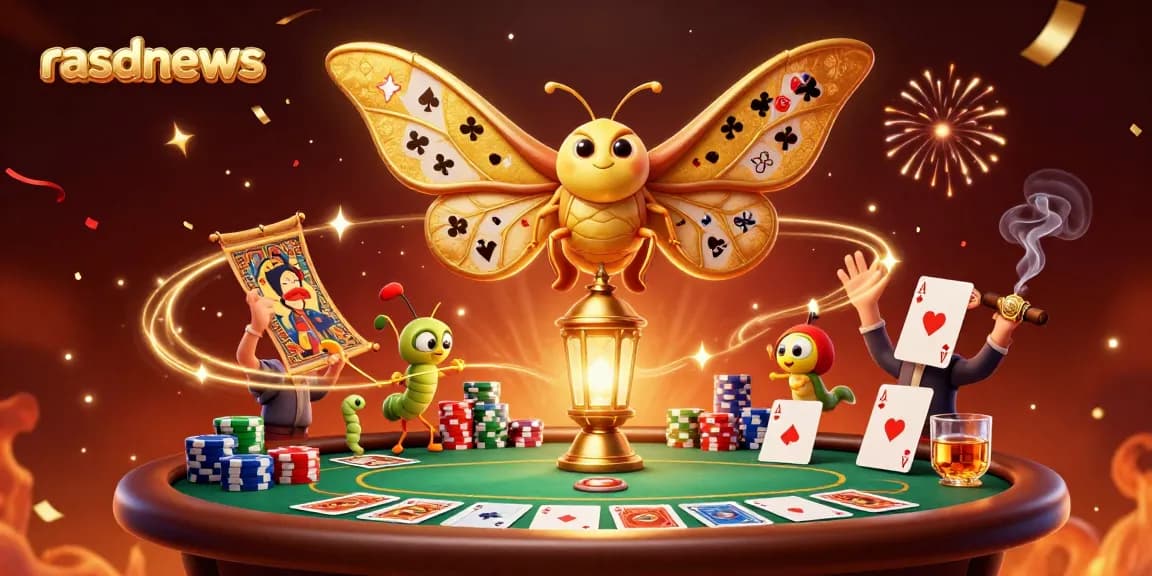 Rasdnews mempersembahkan ilustrasi kasino dengan ngengat raksasa dan permainan poker yang megah.