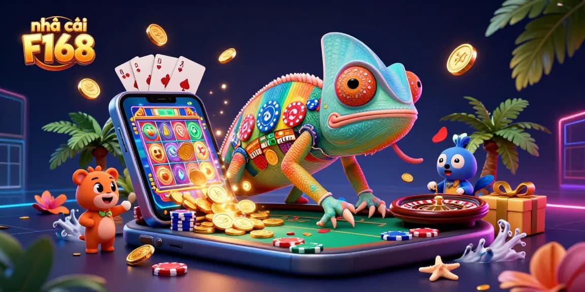 Experience the vibrant world of nhà cái F168 where a colorful chameleon casino owner captivates with gaming excitement.