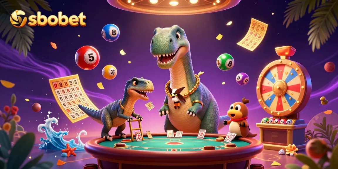 SBOBET offers vibrant gaming with a brontosaurus and raptor animatedly engaged in casino fun.