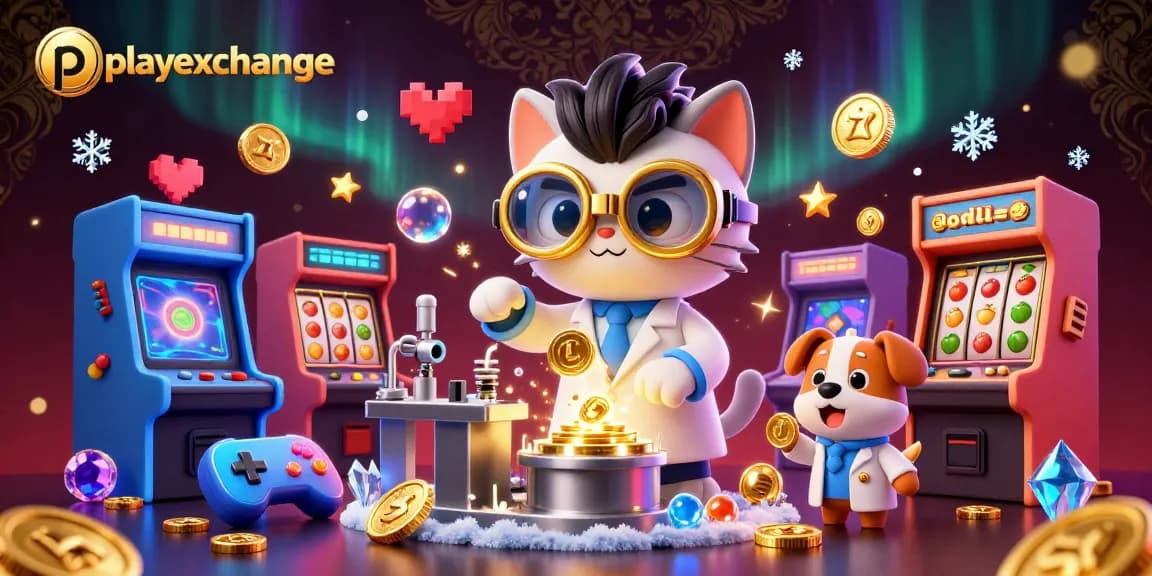 Playexchange showcases thrilling slot gaming action with a cartoon scientist and dog amidst coins and vibrant machines.