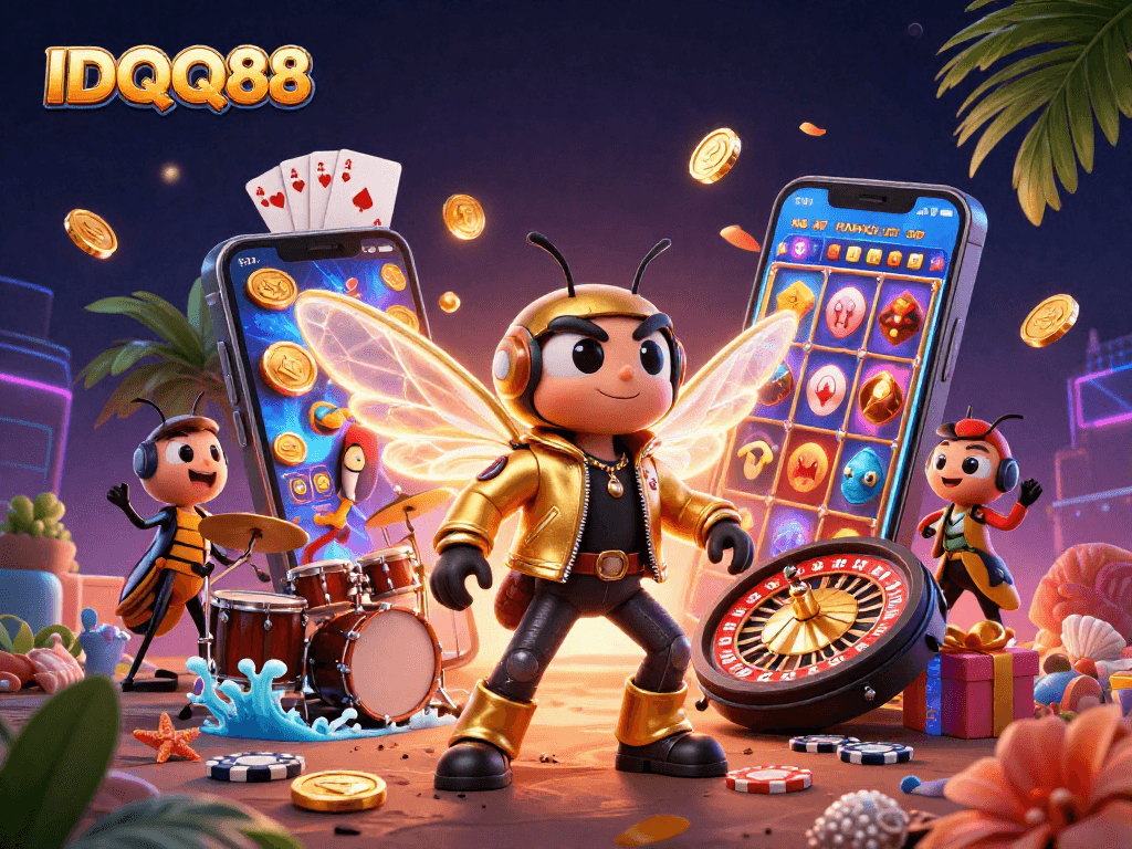 Experience IDQQ88's vibrant slot gaming world with a 3D cartoon rock star and exciting game elements.